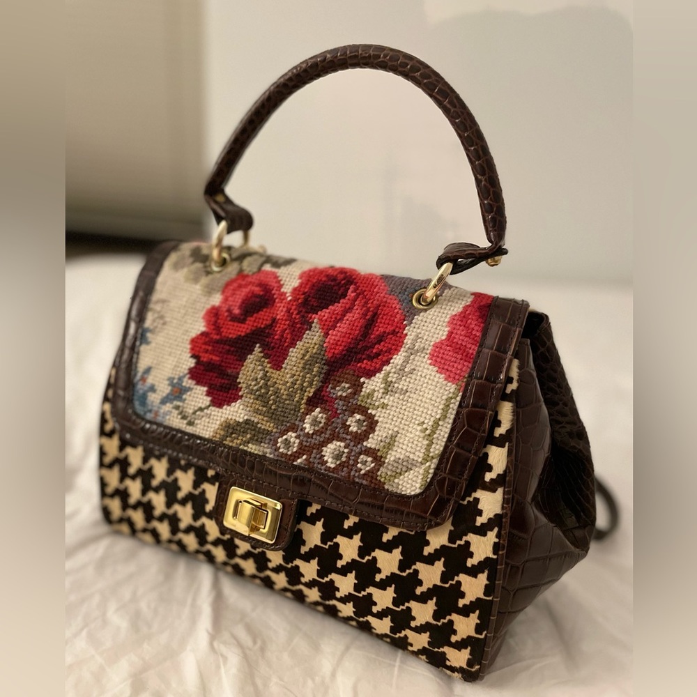 Red Rose Needlepoint Lady Satchel (leather/calf hair/wool)